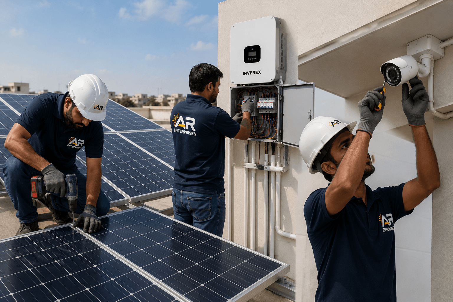 AR Enterprises technicians completing a solar, electrical, and CCTV installation
